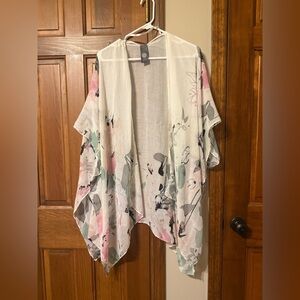 Vince Camuto White Floral Sheer Open Kimono With Pink and Mint Accents